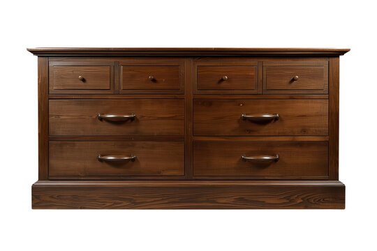 Wide dark wooden dresser with multiple drawers