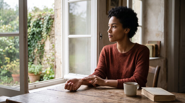 Young African American woman measuring resting pulse with fingers near open window at home. Concept of seated, checking pulse, heart rate, health check. Copy space.