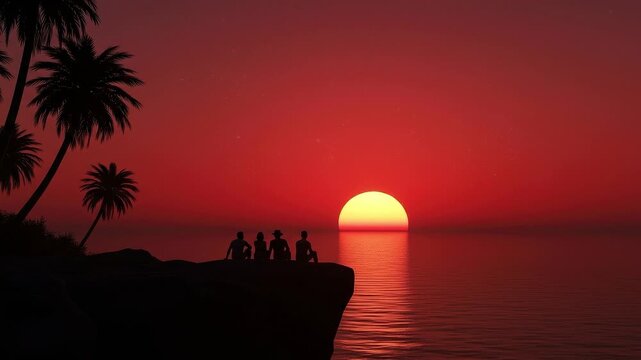 A seamless pattern four people sitting on a cliff watching a sunset