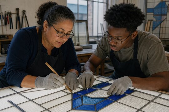 Stained glass restoration conservator teaching apprentice new lead came workplace interaction two visible people master her build