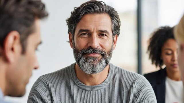 A seamless pattern middleaged man with beard meditating in office setting