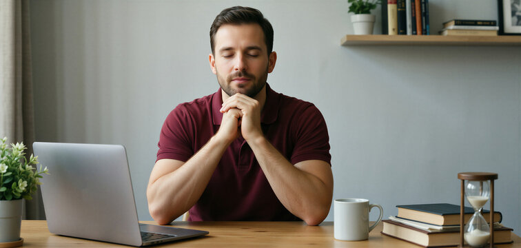 Man meditating at desk for mental health and work-life balance in a peaceful home office setting.
