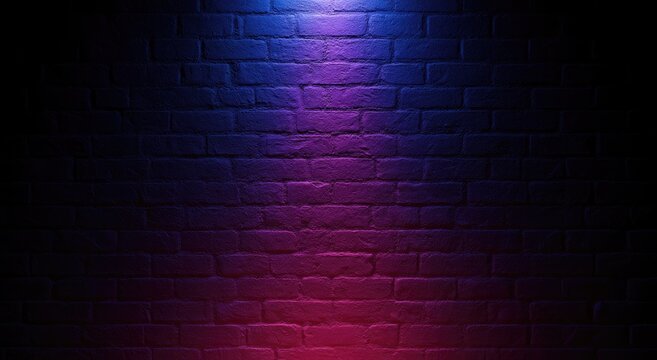 Dark brick wall illuminated by vibrant blue and purple neon light (1)