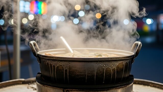 A steaming pot of hot soup bubbles on a stove, emitting thick white steam, with a spoon resting inside and blurred colorful lights in the background, creating a cozy atmosphere.