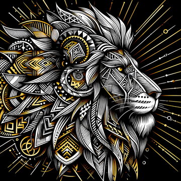 Side view of a male Lion head or face made with textures and designs on a black background.