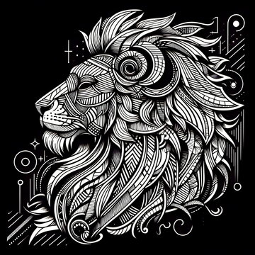 Side view of a male Lion head or face made with textures and designs on a black background.