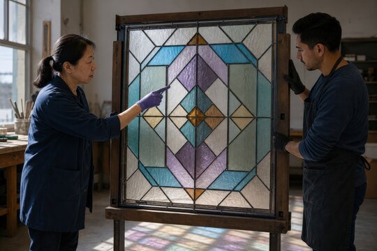 Stained glass restoration restored geometric panel small group article two visible people museum conservator her average build