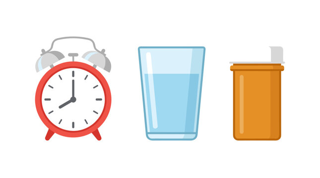 Medicine Time: An illustration depicting a red alarm clock set to 8:00, a clear glass filled with water, and a small orange pill bottle, symbolizing routine medication.