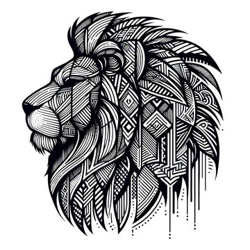 Side view of a male Lion head or face made with textures and designs on a white background.