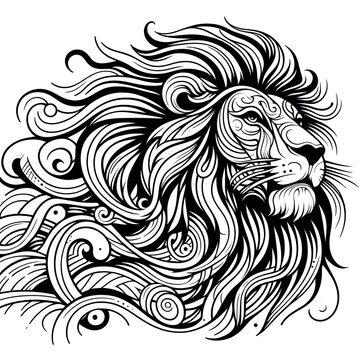 Side view of a male Lion head or face made with textures and designs on a white background.