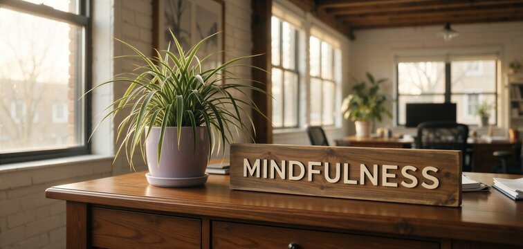 Serene office scene promoting mental health and work-life balance with a mindfulness sign and greenery.