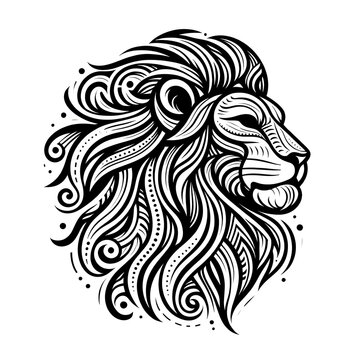 Side view of a male Lion head or face made with textures and designs on a white background.