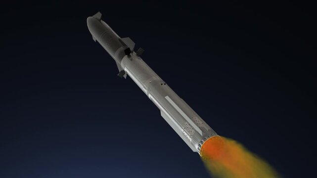 Silver Space Rocket in Flight with Engine Exhaust Animation