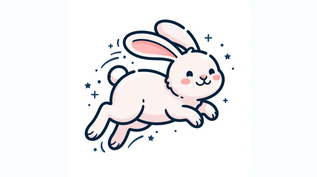 Cute white bunny rabbit jumping happily with sparkles and stars around it, cartoon style