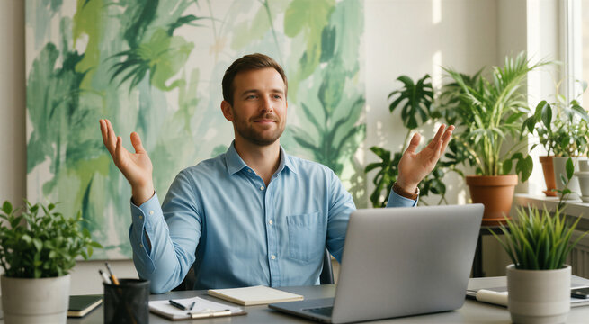Man in office expressing peace, promoting mental health and work-life balance amidst greenery.