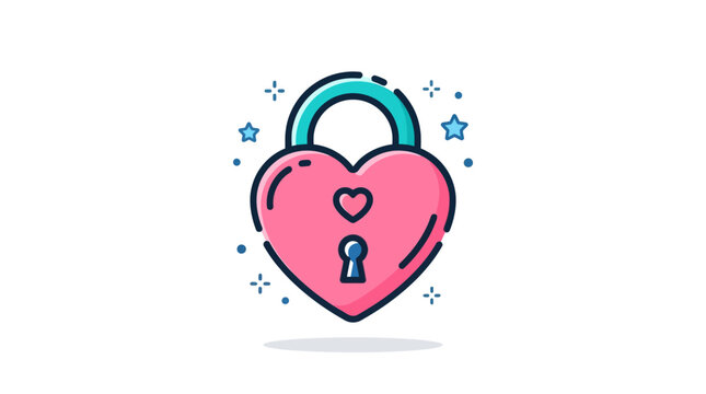 Romantic Pink Heart Padlock Icon with Stars and Keyhole Symbolizing Love, Security, and Affection in Flat Design Illustration
