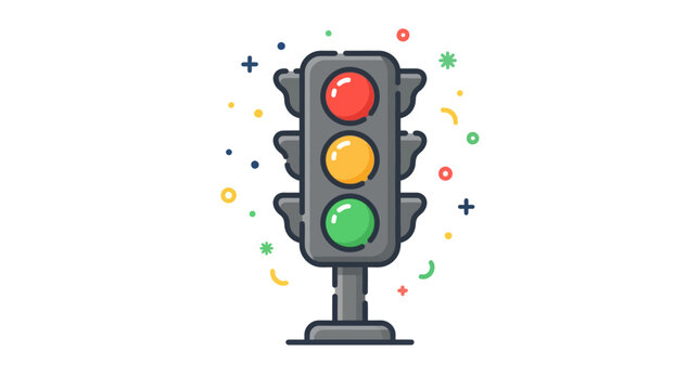 Illustration of a traffic light with red, yellow, and green signals illuminated, set against a white background with small colorful dots