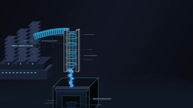 Animated conceptual illustration of a high tech carbon capture process showing primary extraction separation molecular crystallization and high density geological sequestration
