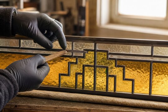 Stained glass restoration gloved hands repairing art deco leaded transom protective simple historic hotel workshop bay glove holds
