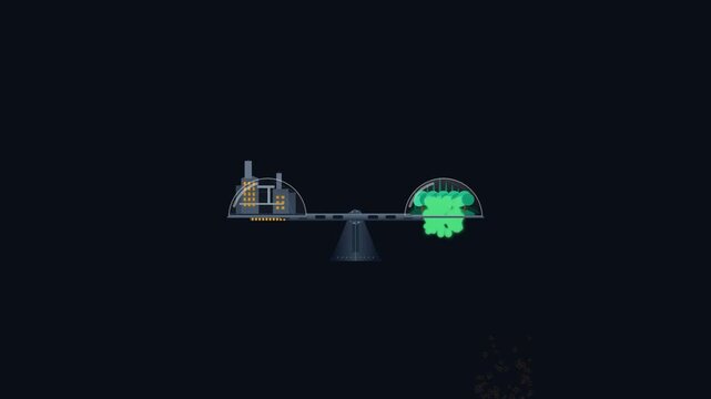 Animated conceptual illustration of a carbon ecosystem balancing carbon emissions from heavy industry with carbon credits from rainforest sequestration achieving net zero