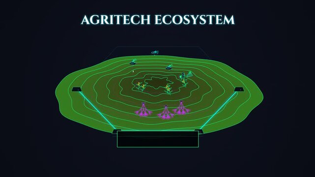 Agritech ecosystem animation featuring precision hydration drones and holographic root sensors on a digital topographical map representing modern smart farming and agriculture technology