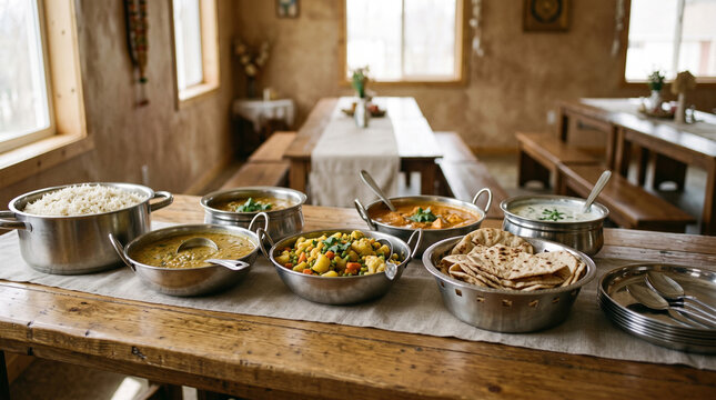 indian food buffet spread with curries rice and flatbread