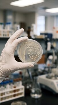 Scientist holding a petri dish with bacterial culture in a research laboratory gloved hand agar plate laboratory work laboratory