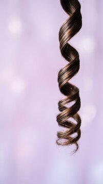 Single brown curly hair strand close up against a light background with hair curl strong hair pink background haircare cosmetics
