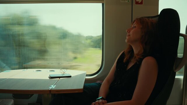 A woman travels happily and alone on the train for her vacation