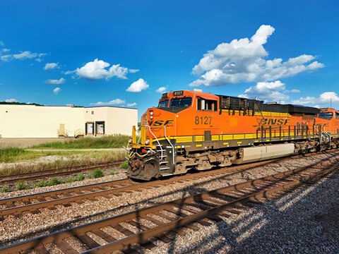Savanna, Illinois August 17, 2026 BNSF 8127 ES44AC diesel locomotive leading a mainline freight train in Midwestern rail corridor