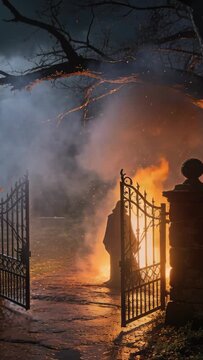 Vertical video: Stepping cloaked figure walking to firelight through iron gate at night, with smoke