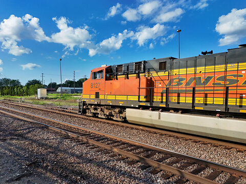 Savanna, Illinois August 17, 2026 BNSF 8127 ES44AC diesel locomotive leading a mainline freight train in Midwestern rail corridor