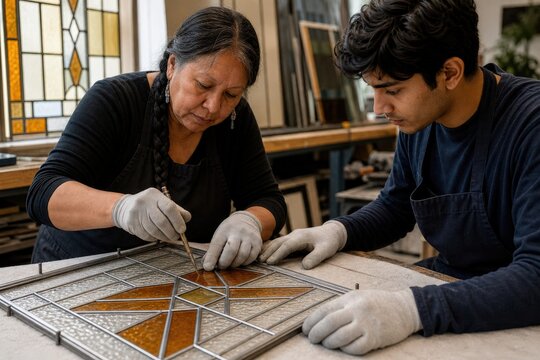 Stained glass restoration master conservator fitting into lead came workplace interaction studio where her average build amber new