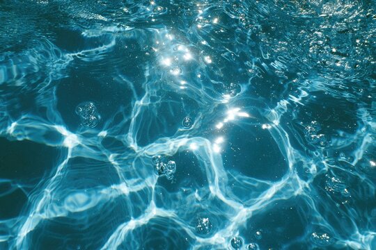 Shimmering light dances on blue water's surface, creating abstract patterns and bubbles