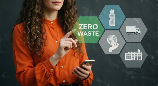 Woman pointing to ZERO WASTE concept graphic, symbolizing sustainable lifestyle choices and environmental care.