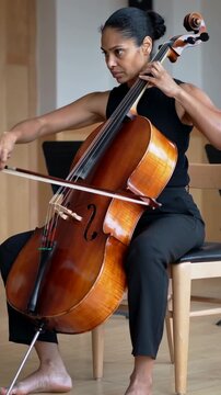 Vertical video: Settling pose, female cellist in black top practicing bowing in studio with cello
