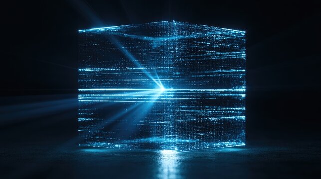 Glowing digital cube composed of light particles and data streams