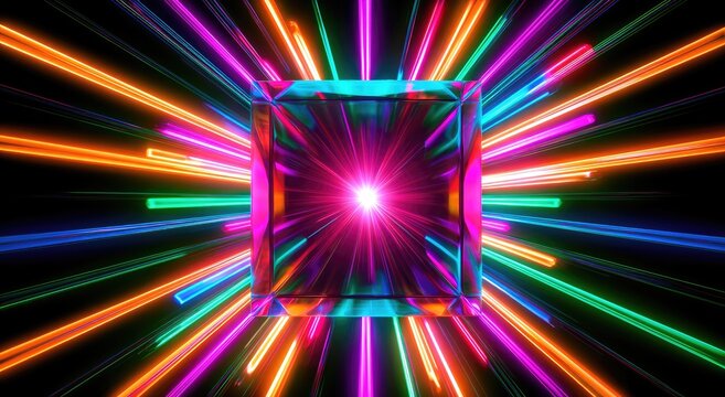 A luminous crystal cube exploding with a radiant burst of neon light