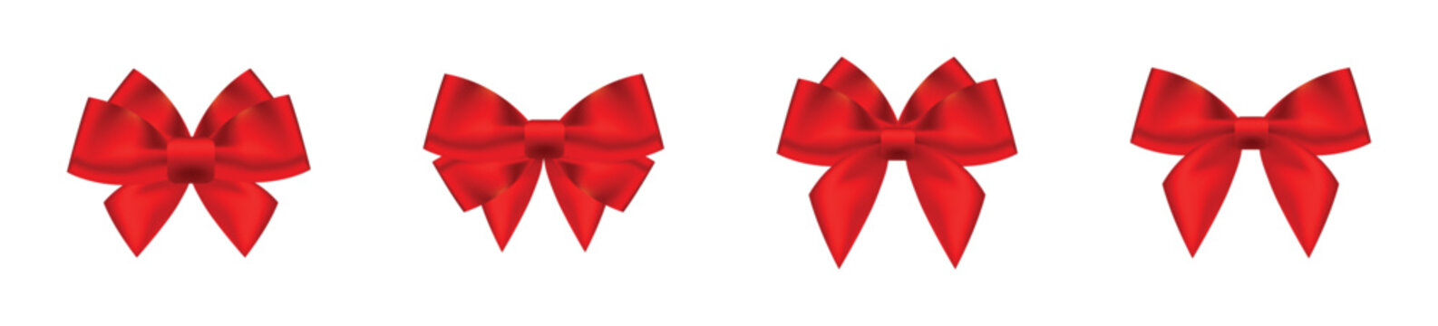 Collection of four elegant red satin bows on a white background