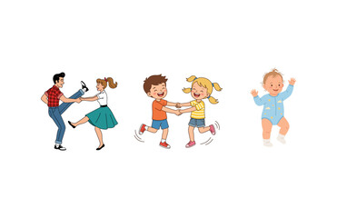 Fototapeta premium Illustration of People Engaging in Different Stages of Life Including Dancing Adults Children Playing and a Walking Baby