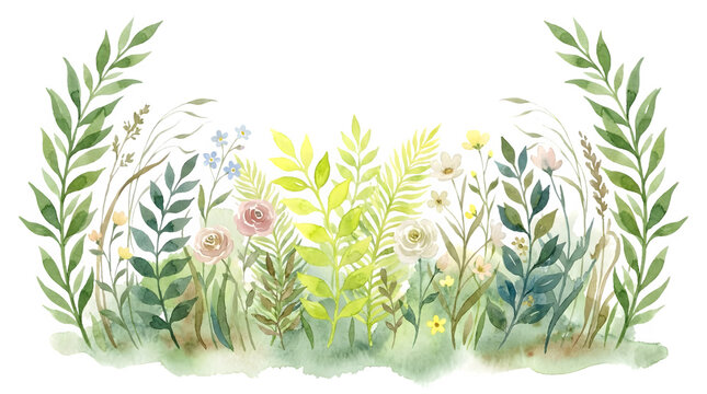Watercolor flower garden border arrangement featuring delicate roses, forget-me-nots, green ferns, leafy stems, wild grasses, and botanical foliage in a hand-painted wildflower frame design isolated o