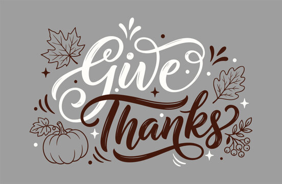 A beautifully designed thanksgiving typographic illustration featuring elegant calligraphy and festive autumn elements expressing gratitude and warmth