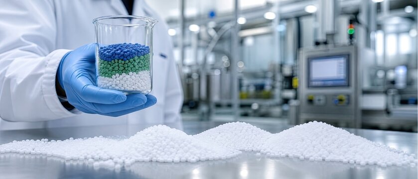 Laboratory researcher in blue nitrile gloves holding beaker with multicolored polymer raw material pellets for quality control evaluation inside lab facility.