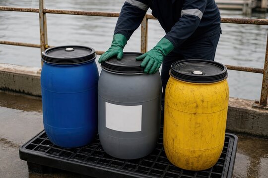 Chemical worker wearing green protective gloves holding industrial plastic storage barrels on spill containment pallet near water treatment facility outdoors.