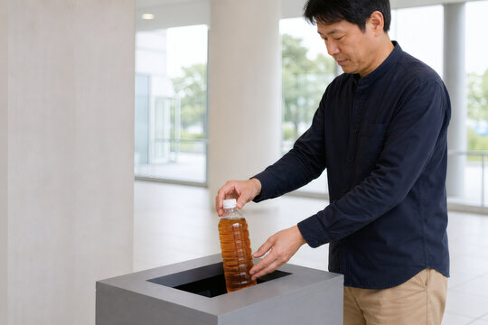公共施設の回収箱へ使用済み食用油のボトルを入れる日本人男性
