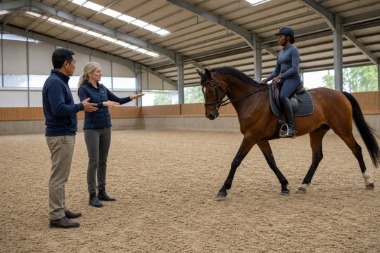 Horse saddle fitting trainer and fitter observe rider balance at trot wide environmental story bright indoor where three adults