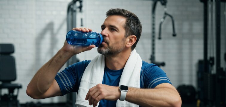 Middle-aged man rehydrating after a workout in a gym, symbolizing active aging and healthy lifestyle choices.