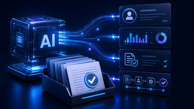 Artificial Intelligence cube processing vast data streams, generating actionable insights for comprehensive business analytics, workflow optimization, and secure information management.