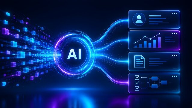 Artificial Intelligence powering data processing and delivering strategic insights, user management, and automated business solutions across digital platforms.