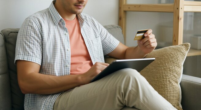 Man reviewing online payments on a tablet while holding a credit card on a comfortable couch.